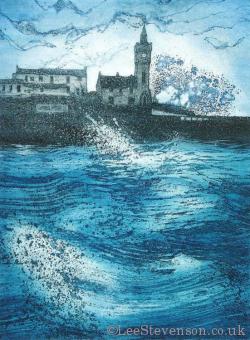 Etching and aquatint of Porthleven harbour with stormy sea