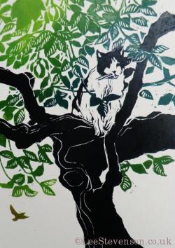 cat in tree linocut